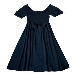 Wonderly Shirred Dress Womens Large Black Classic Ruffled Neckline Flowy Midi